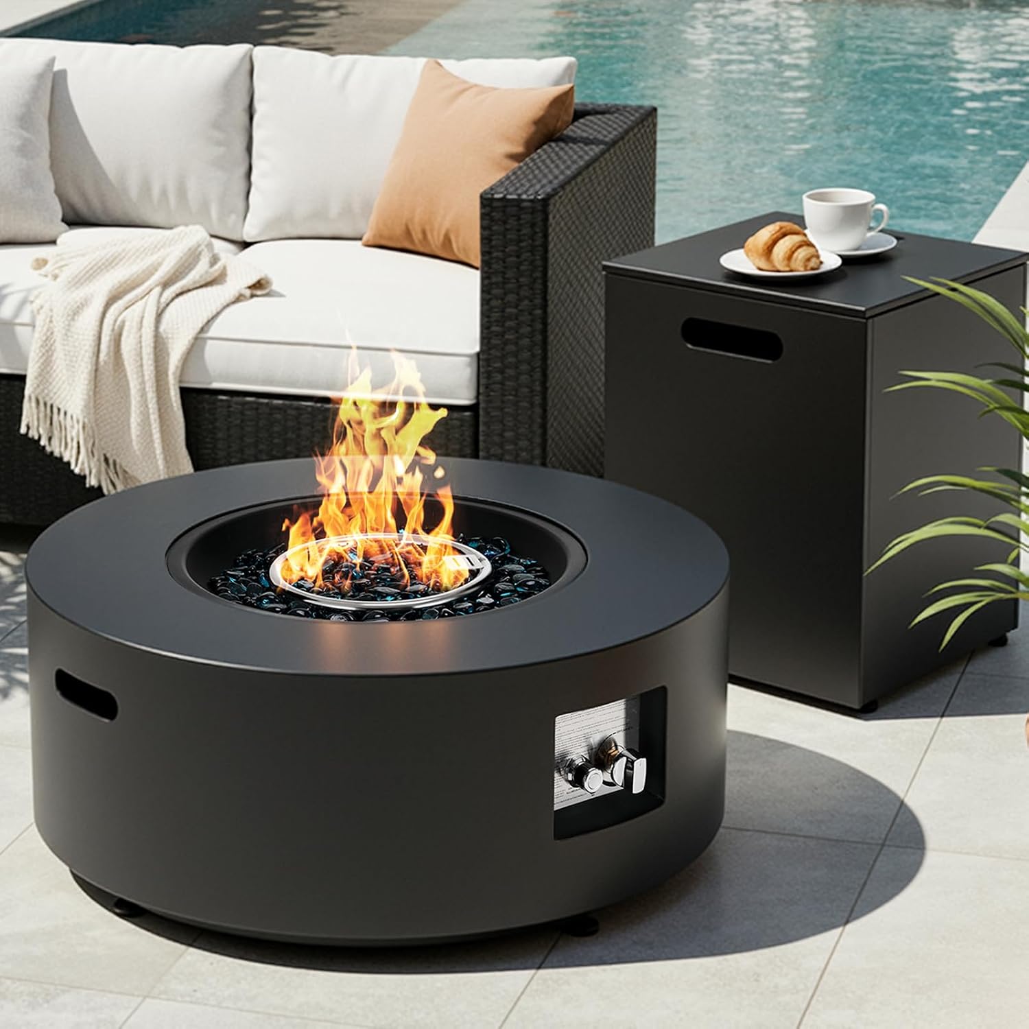 Outdoor Furniture With Fire Pit Table - 30インチ円形プロパンファイヤーピットセット 50000 BTU 2ピースガスファイヤーピット スチールバーナー、タンクホルダー、蓋付き パティオ用、カスタマイズ可能