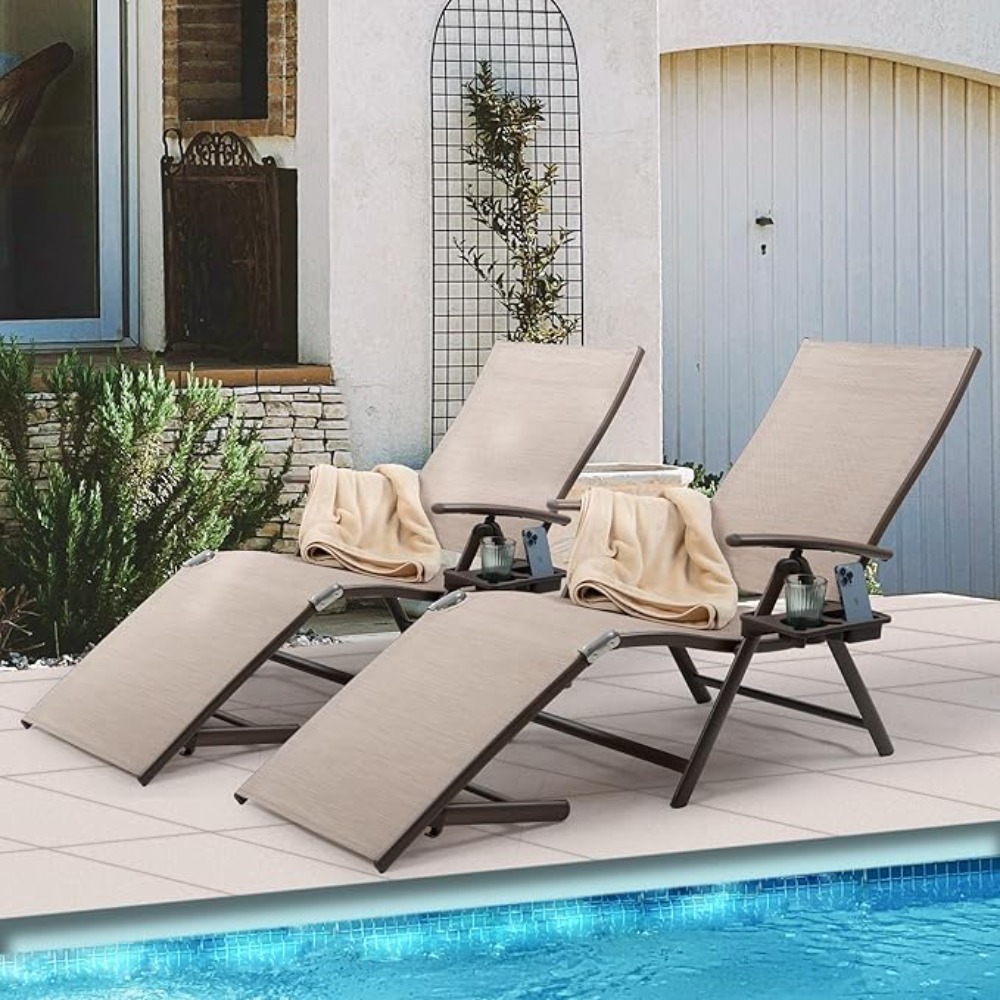 Deck Chair Lounger - アルミニウム製リクライニングラウンジチェア、ビーチ、庭、プールデッキ、パティオ、屋外に最適、ドリンクホルダー付きの長椅子