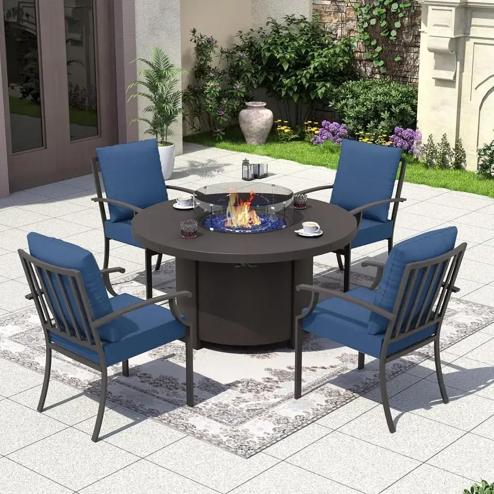Outdoor Furniture With Fire Pit Table - 5点セットの屋外用パティオ家具セット、丸型ファイヤーピットテーブルとクッション付きチェア付き、ネイビーブルー