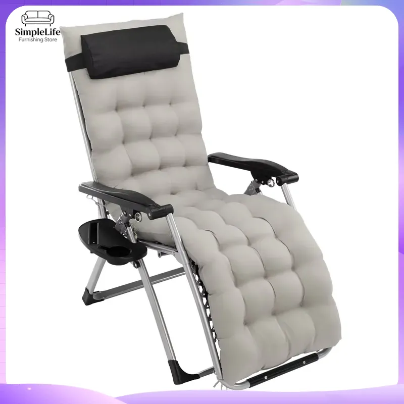Deck Chair Lounger - 無限重力対応調節可能折りたたみデッキチェア グレー テラスビーチラウンジチェア ユーティリティトレイ付き パティオ枕付き