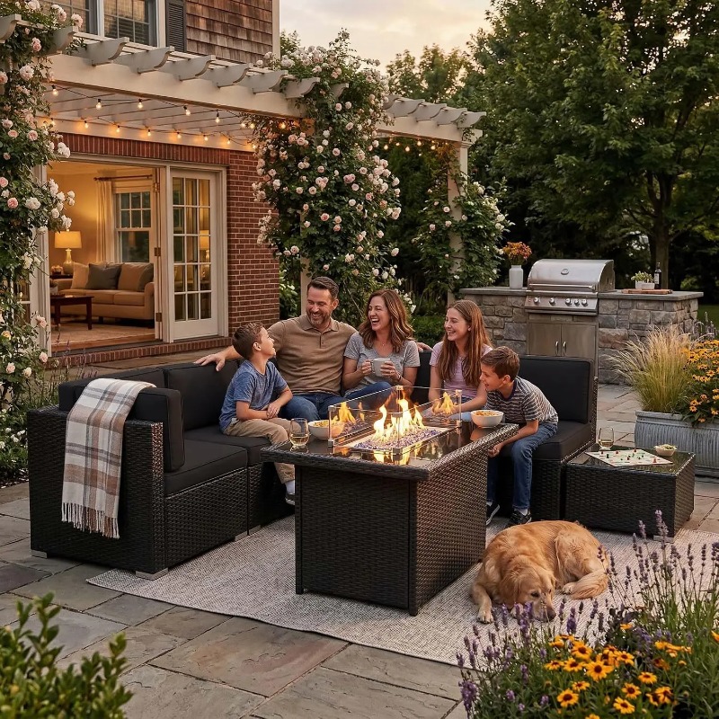 Outdoor Furniture With Fire Pit Table - 8ピースパティオ用籐製セクショナルソファセット、44インチプロパンファイヤーピットテーブルとコーヒーテーブル付き、屋外用家具、カスタム可能