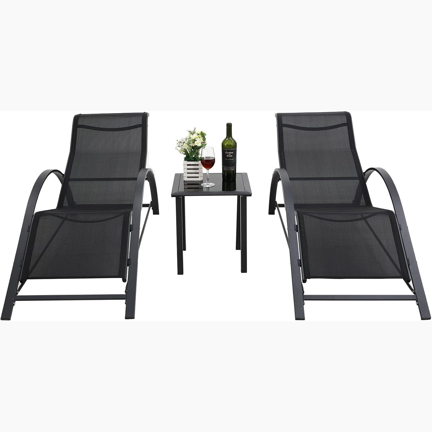 Deck Chair Lounger - パティオプールチェアサンラウンジャー3点セット、サイドテーブル付き、アルミフレーム、テスリン生地、プールサイドデッキ、芝生、庭用ラウンジチェア