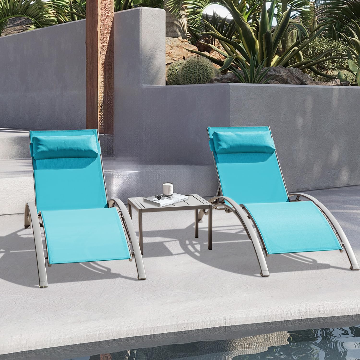 Deck Chair Lounger - 調整可能なアルミ製屋外用ラウンジチェアセット、金属製サイドテーブル付き、全天候型プールデッキ芝生用テキスタイル、カスタマイズ可能