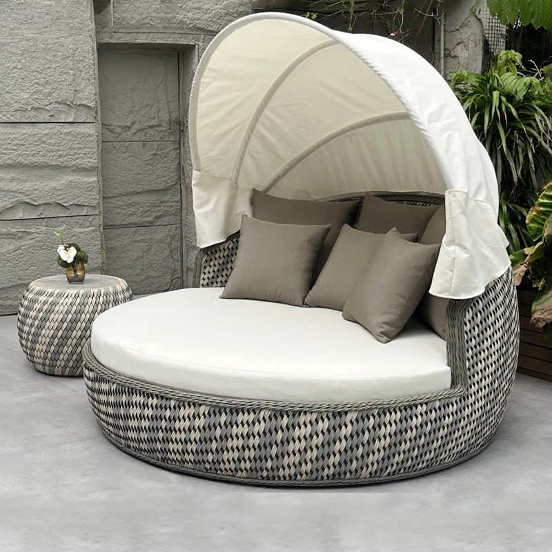Outdoor Daybed Furniture - デイベッド、紫外線防止防錆丸型、籐製ラウンジソファ、キャノピー付きクッション、屋外サンベッド、カスタムホテルプールパティオ家具