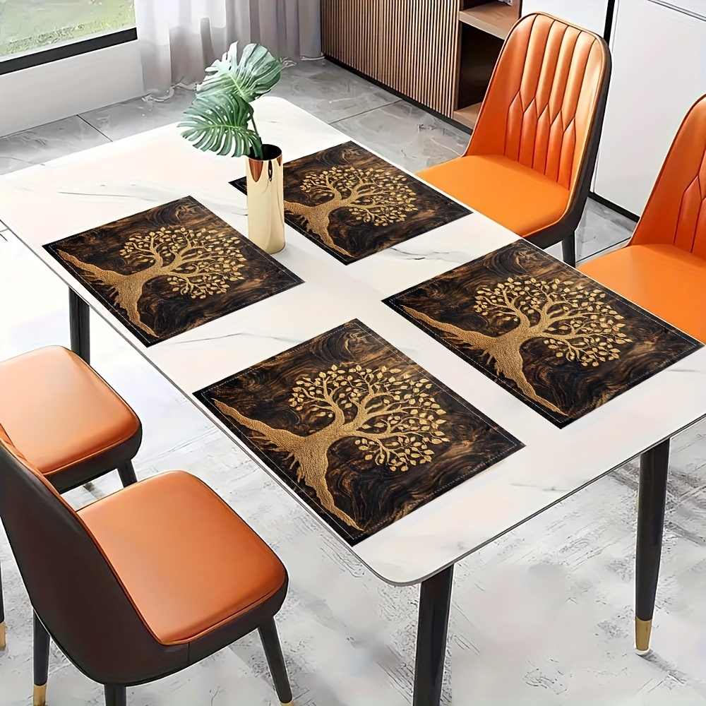 Outdoor Furniture Dining - ヴィンテージダークウッドグレインの生命の木プリント長方形プレースマットセット、ラグジュアリーモダンダイニングテーブルデコレーションマット、4枚組、6枚組、8枚組
