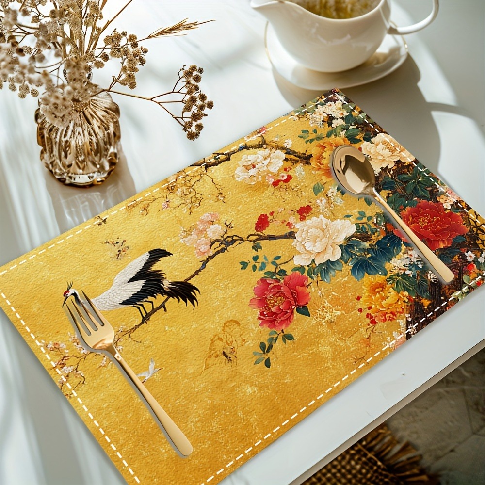 Outdoor Furniture Dining - 1/2/4 個の豪華な中国風の花柄鶴プレースマット長方形ポリエステルテーブルマットキッチンダイニングテーブル装飾