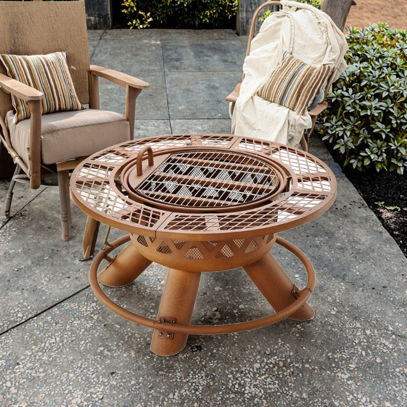 Outdoor Furniture With Fire Pit Table - 2026年式 モダン屋外スチール製 炭火・電気両用ファイヤーピット＆ヒーター付きバーベキューグリルセット ポータブルパウダーコーティングファイヤーテーブル アウトドアガーデン用