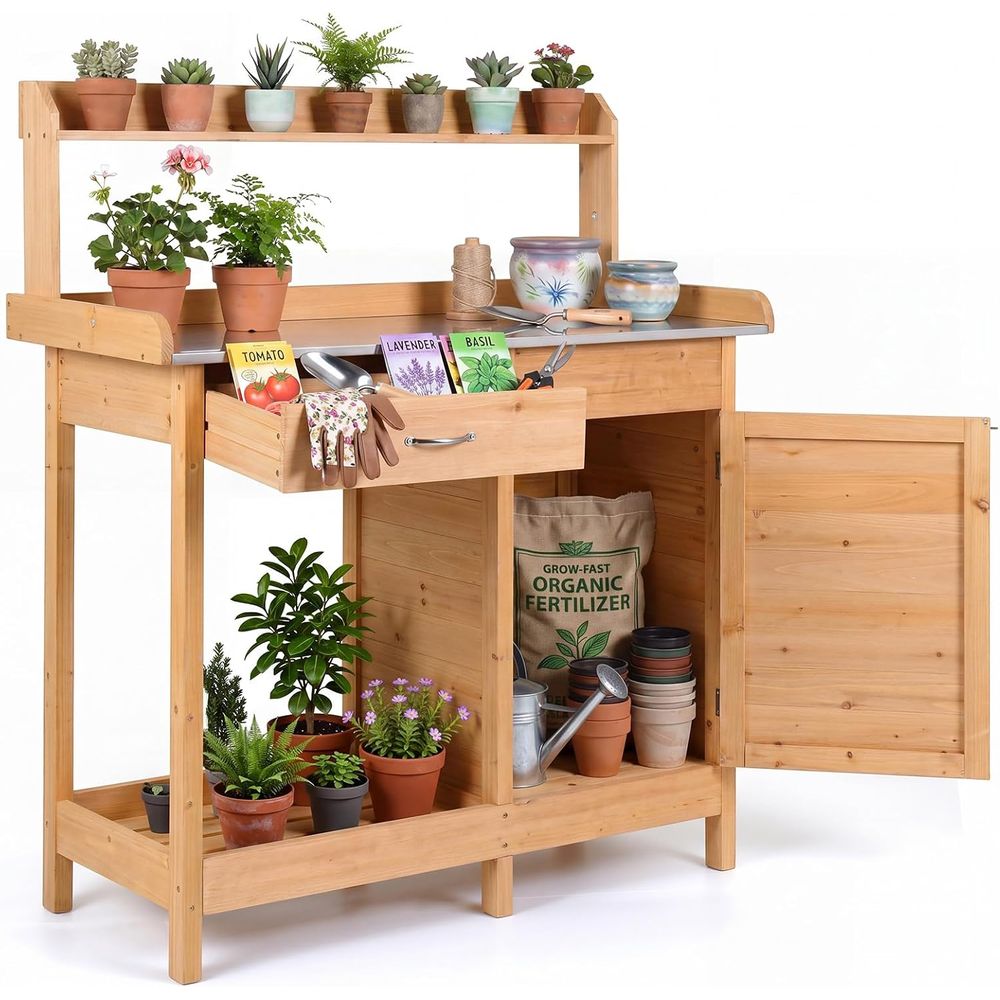 Garden Bench Metal - 屋外用植木鉢置き台 木製ガーデンワークステーション 収納キャビネット付き オープンシェルフ サイドフック付き 金属製テーブルトップ