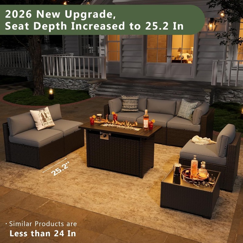 Outdoor Furniture With Fire Pit Table - Aoxun 8点パティオ家具セット（44インチのファイヤーピットテーブル、籐製パティオセクショナルソファ、屋外家具セットを含む）