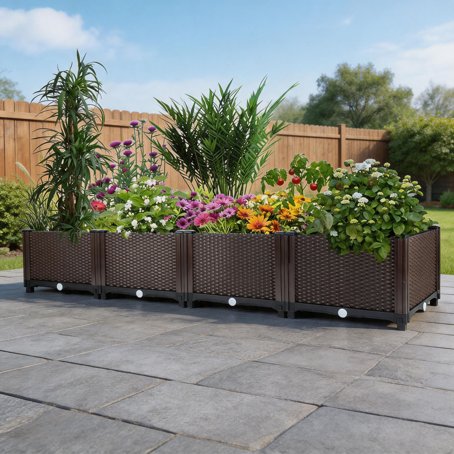 Outdoor Daybed Furniture - 自動給水式の高床式菜園 – 長さ160cmの大型プラスチック製プランターボックス、深い長方形のラタンデザイン、排水栓付き、屋外および屋内の野菜、花、ハーブ、パティオ、バルコニーに適した耐候性。
