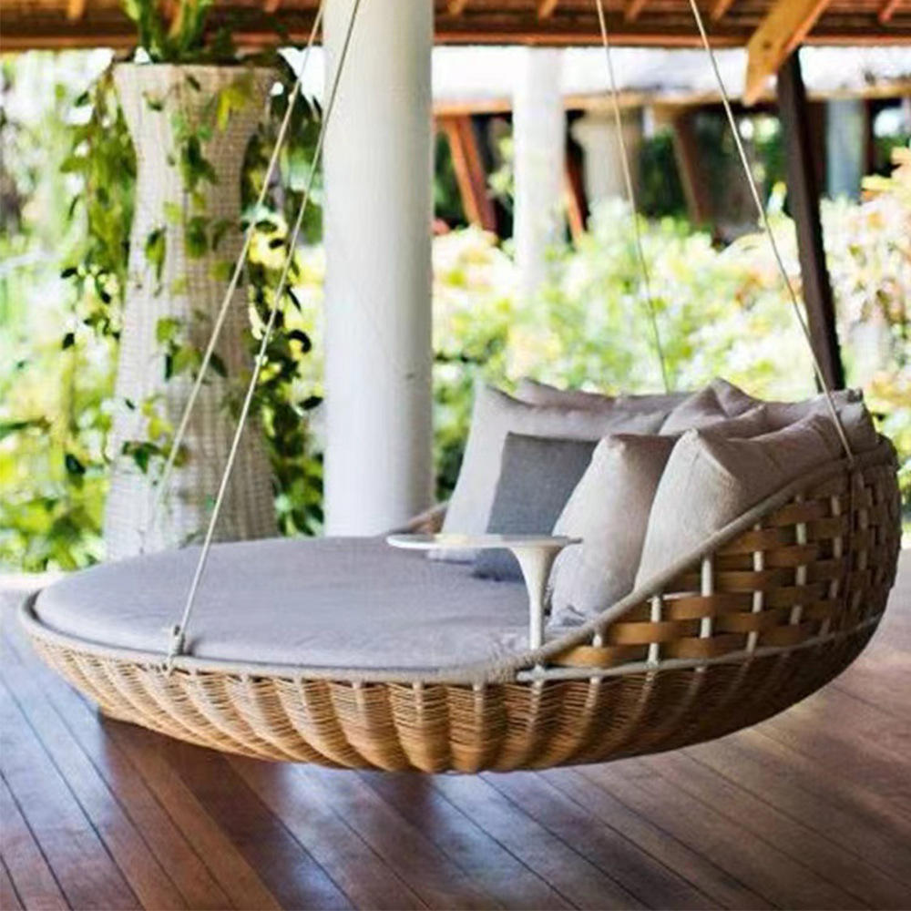 Outdoor Daybed Sofa - 屋外用ハンギングデイベッド 丸型籐製スイングベッド パティオガーデンソファ 大型ハンモック ラウンジチェア 防水クッション