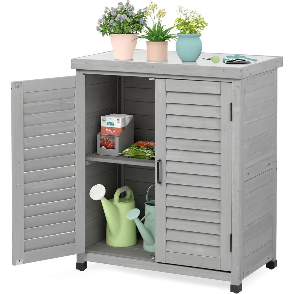 屋外収納キャビネット＆植木鉢置き台 メタルトップ木製パティオ - Garden Bench Metal のレビューと価格