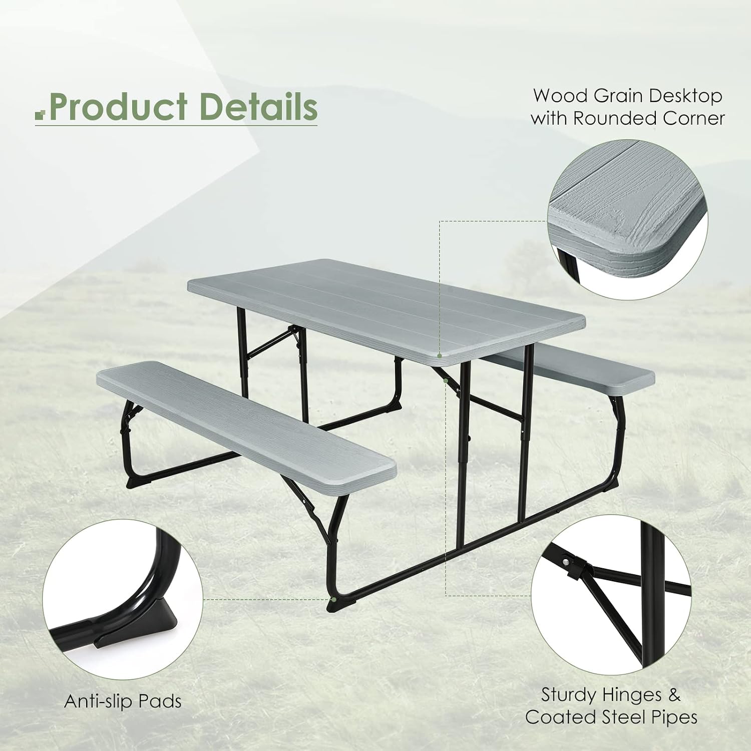 折りたたみ式ピクニックテーブルセット、2つのベンチ付き、屋外 - Garden Bench Metal のレビューと価格