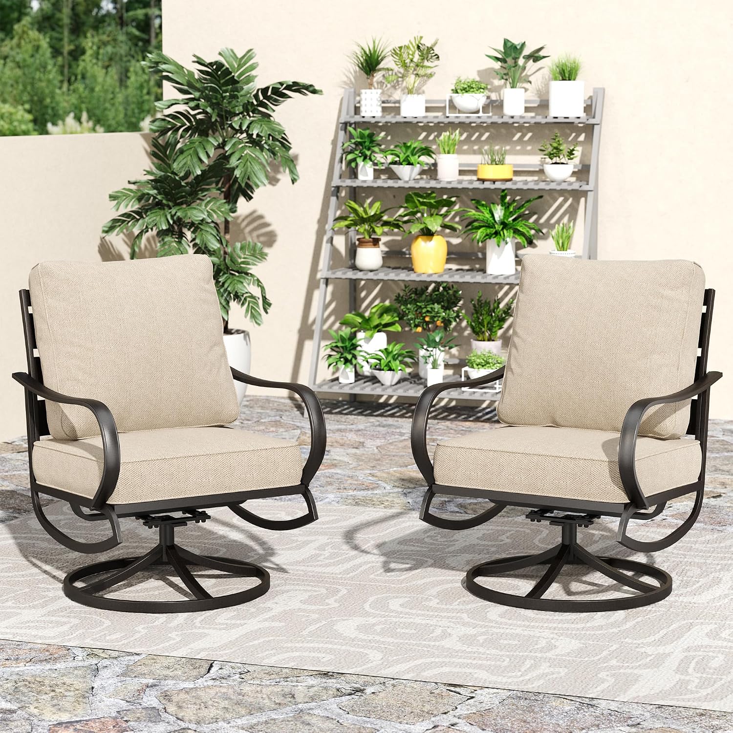 スイベルパティオチェア2脚セット、厚いクッション付き、ハイバ - Deck Chair Lounger のレビューと価格