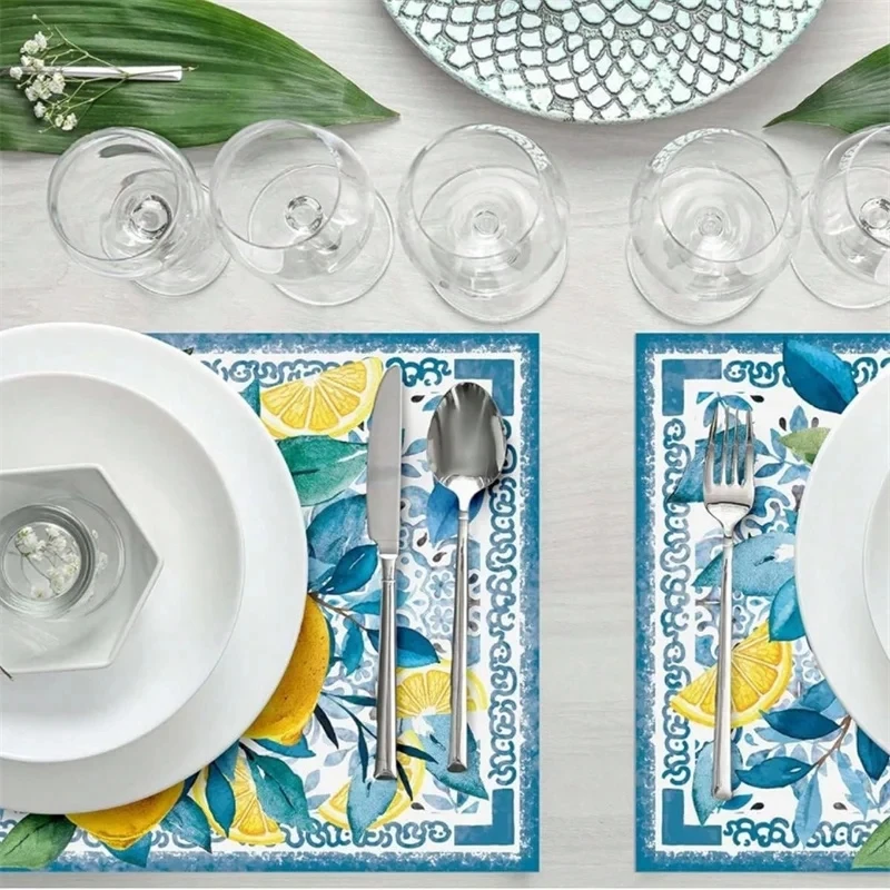 4枚組 水彩ブルーフラワーレモンバイン柄 夏のリネン製プレー - Outdoor Furniture Dining のレビューと価格