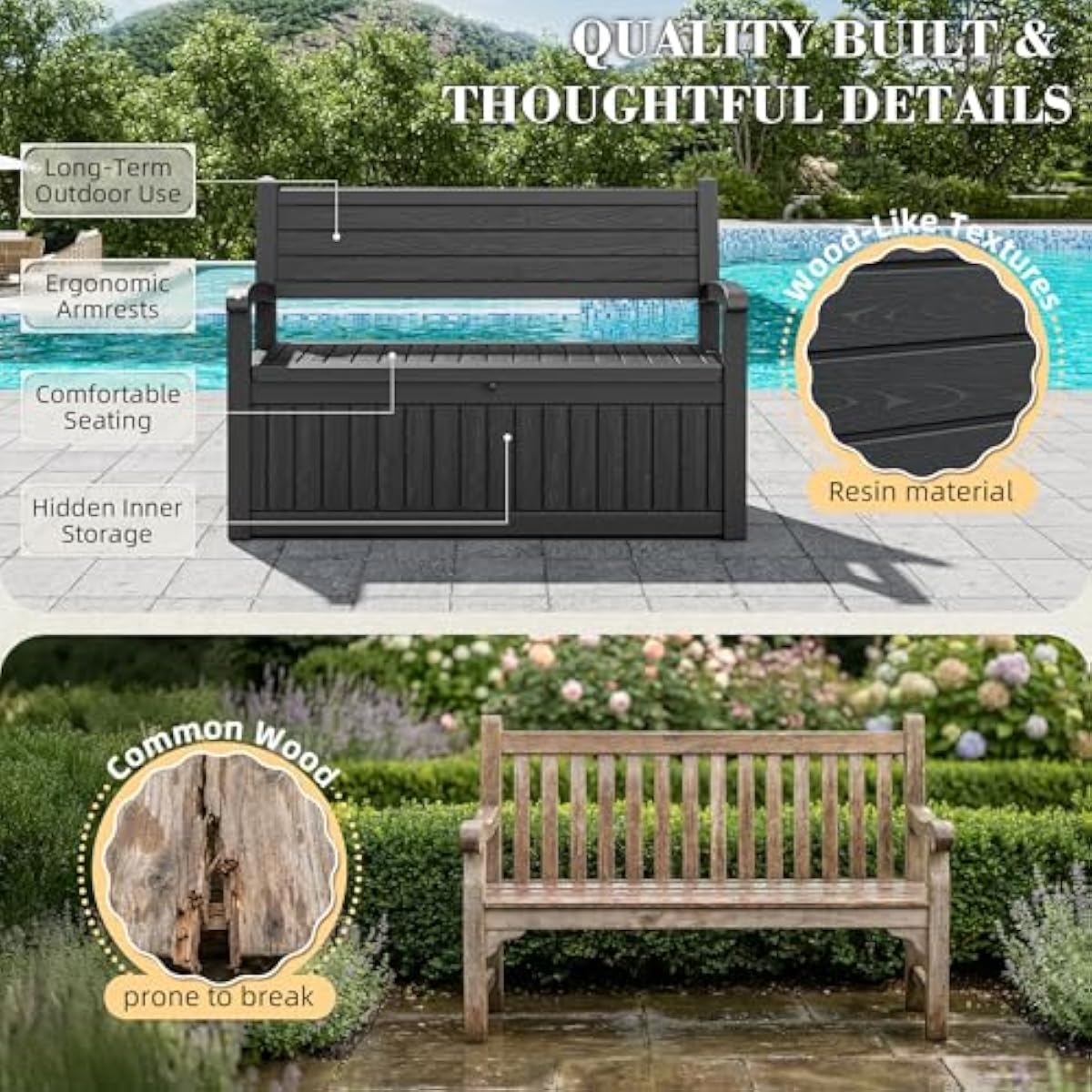80ガロン容量の屋外収納ベンチ、防水加工の樹脂製、鍵付き、庭 - Outdoor Furniture Cushion のレビューと価格