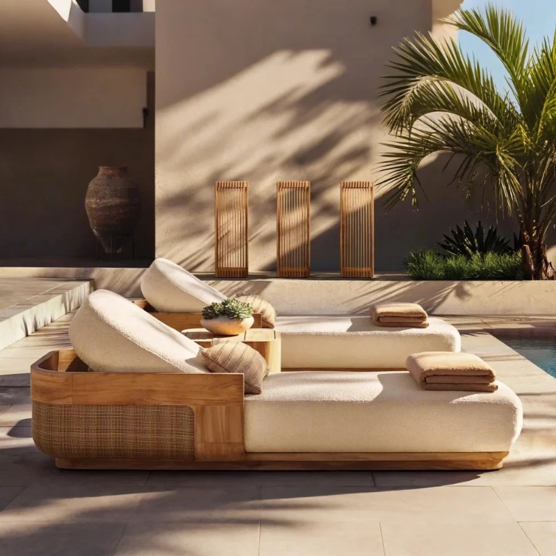 サンビーチラウンジチェア＆デイベッドセット、チーク材ラタン製 - Outdoor Daybed Sofa のレビューと価格