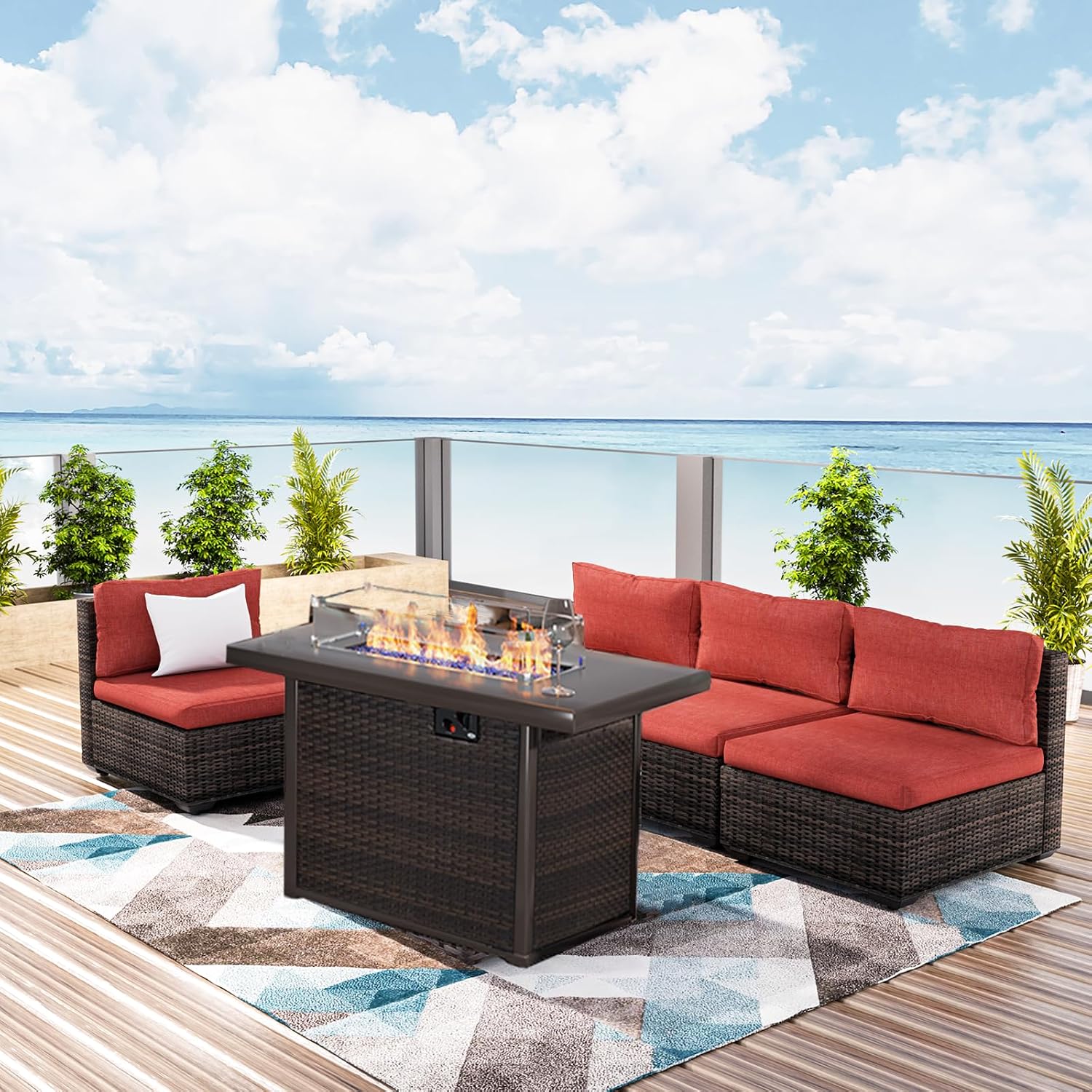 ファイヤーピットテーブル付きパティオ家具セット、厚手のクッシ - Outdoor Furniture With Fire Pit Table のレビューと価格