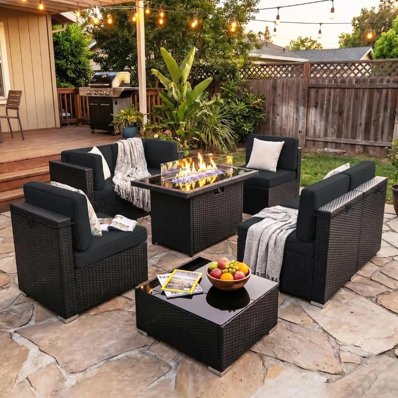 8ピースパティオ用籐製セクショナルソファセット、44インチプ - Outdoor Furniture With Fire Pit Table のレビューと価格