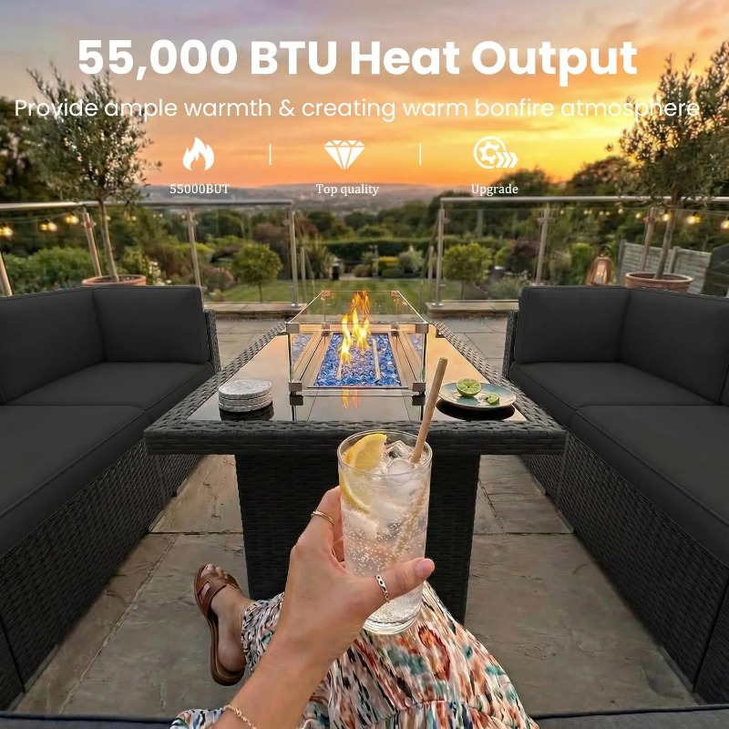 8ピースパティオ用籐製セクショナルソファセット、44インチプ - Outdoor Furniture With Fire Pit Table のレビューと価格