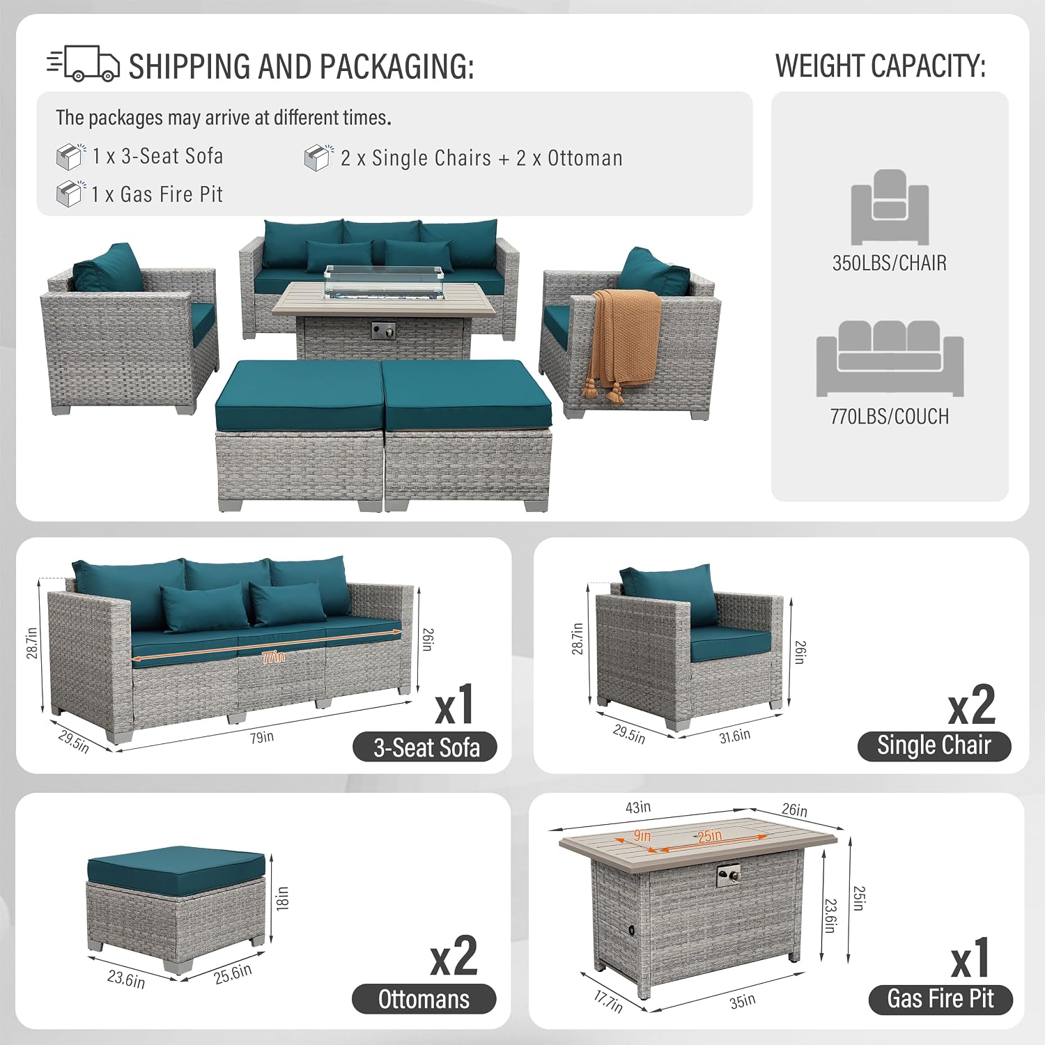 PEラタン製屋外用セクショナルソファ6点セット、グレーの籐製 - Outdoor Furniture With Fire Pit Table のレビューと価格