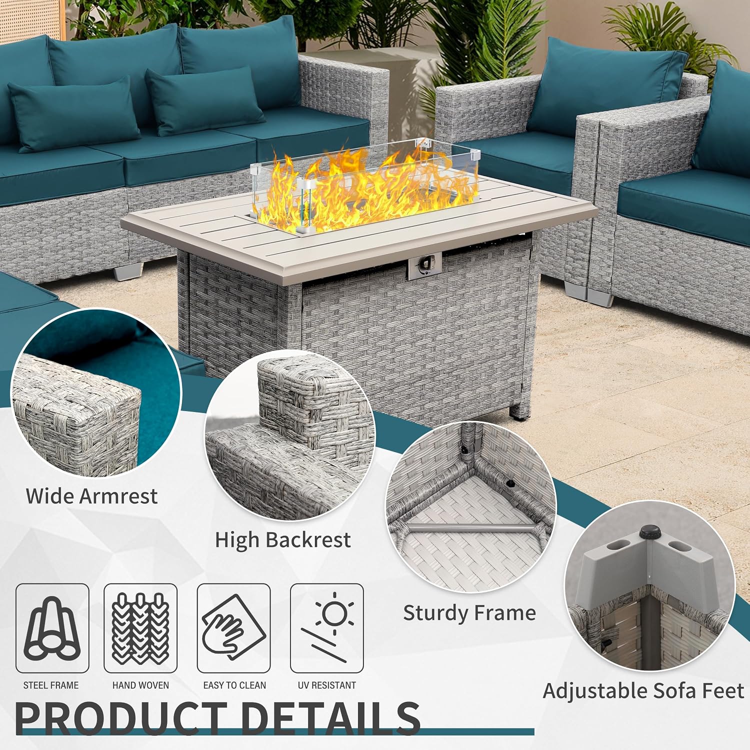 PEラタン製屋外用セクショナルソファ6点セット、グレーの籐製 - Outdoor Furniture With Fire Pit Table のレビューと価格