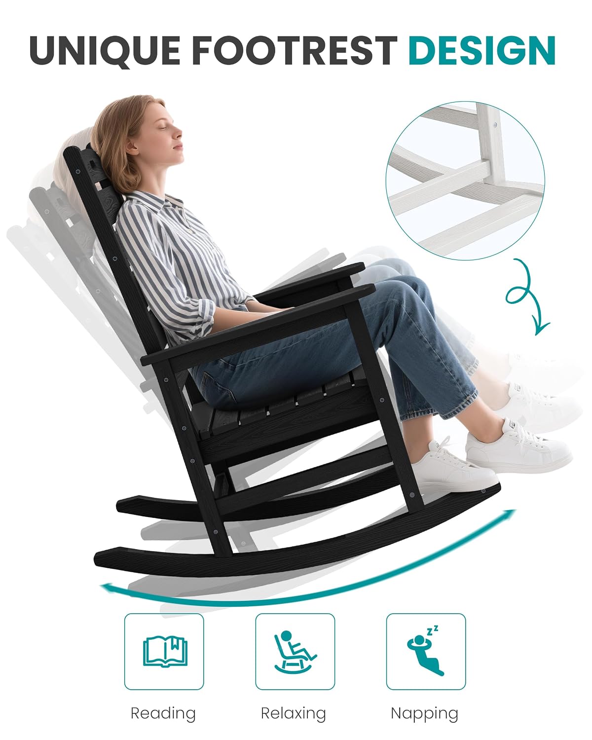 フットレスト付き大型屋外ロッキングチェア、全天候型HDPE製 - Deck Chair Lounger のレビューと価格
