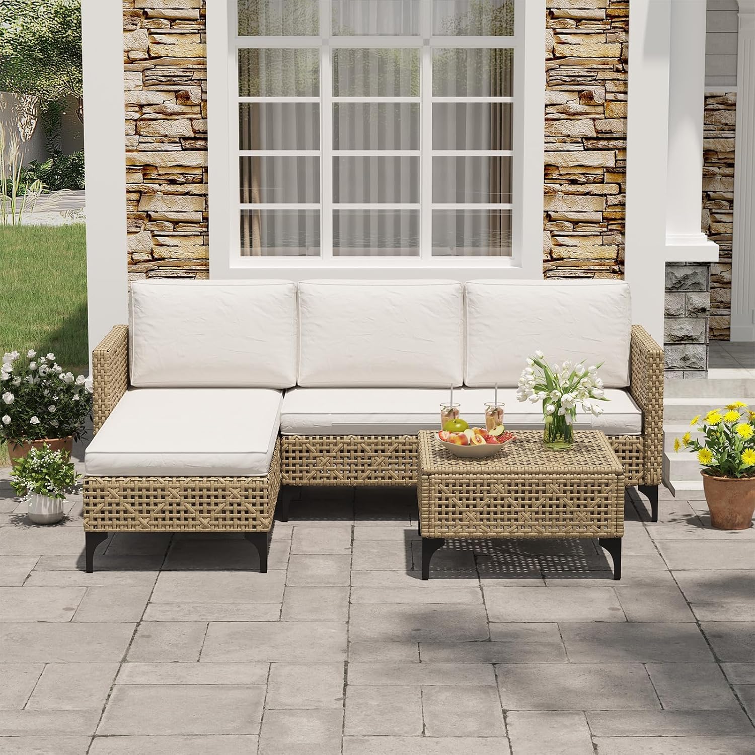 3ピースの籐製パティオソファセット（クッションとコーヒーテー - Outdoor Furniture Cushion のレビューと価格