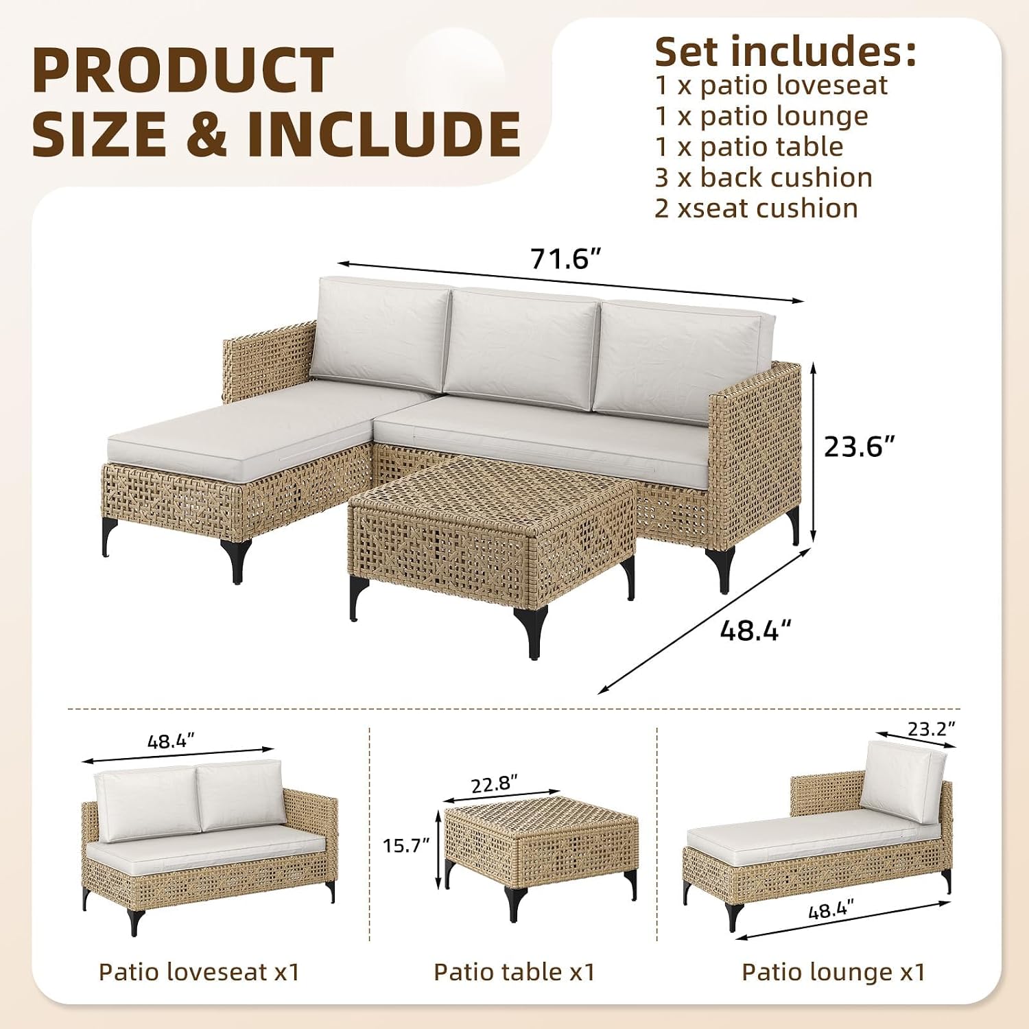 3ピースの籐製パティオソファセット（クッションとコーヒーテー - Outdoor Furniture Cushion のレビューと価格