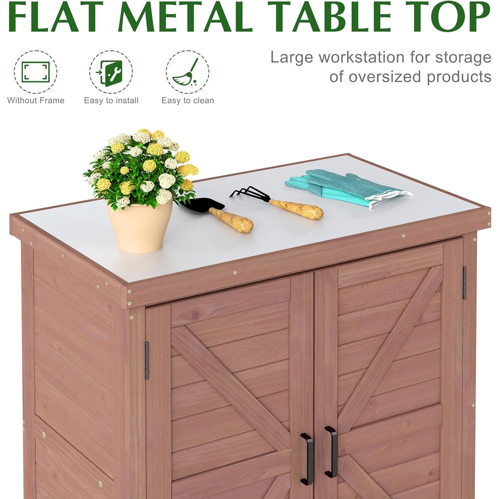屋外用収納キャビネット＆金属製天板付き植木鉢置き台、木製パテ - Garden Bench Metal のレビューと価格