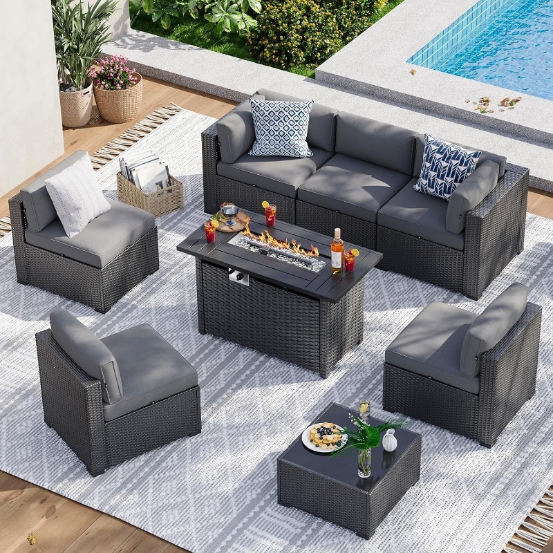 Aoxun 8点パティオ家具セット（44インチのファイヤーピ - Outdoor Furniture With Fire Pit Table のレビューと価格