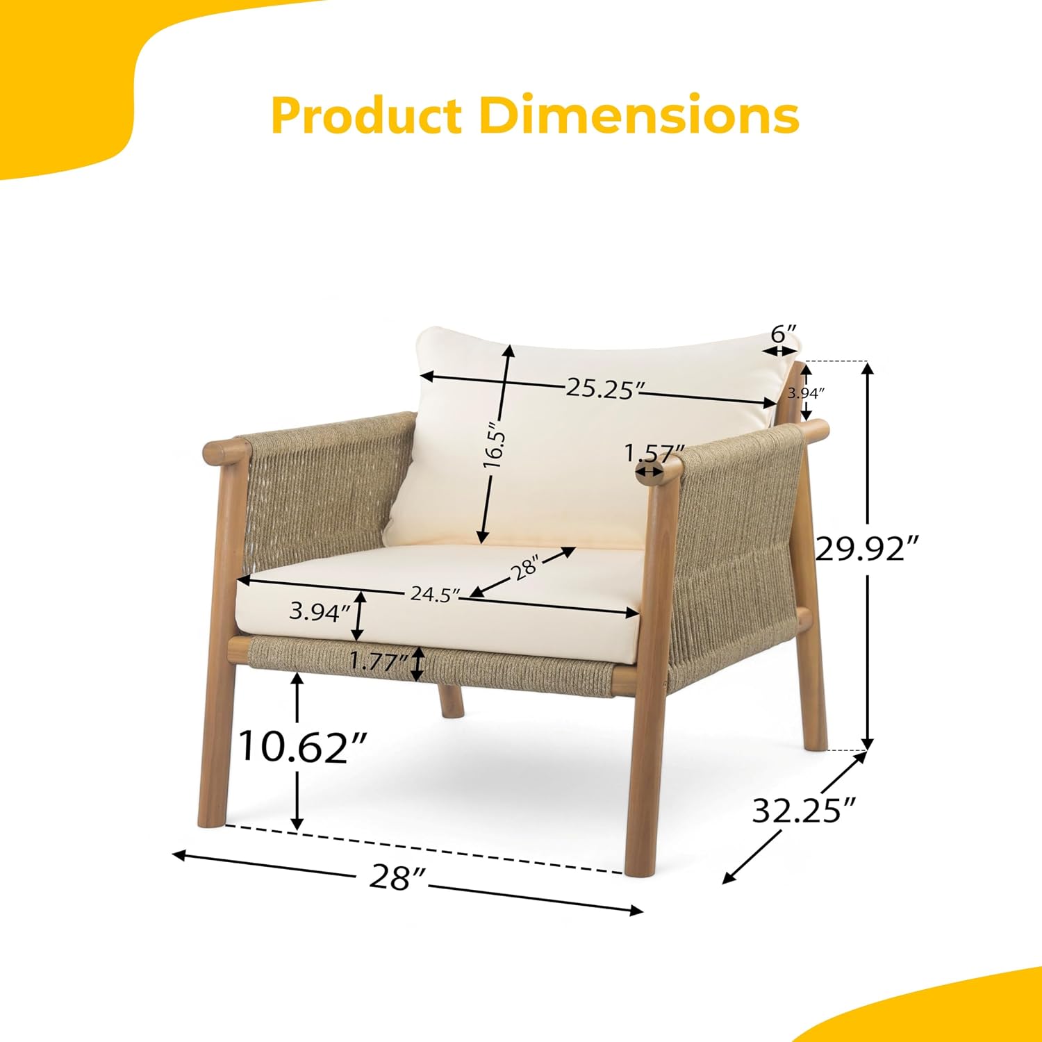 屋外用無垢材アームチェア、ロープ編み背もたれ、耐候性クッショ - Deck Chair Lounger のレビューと価格
