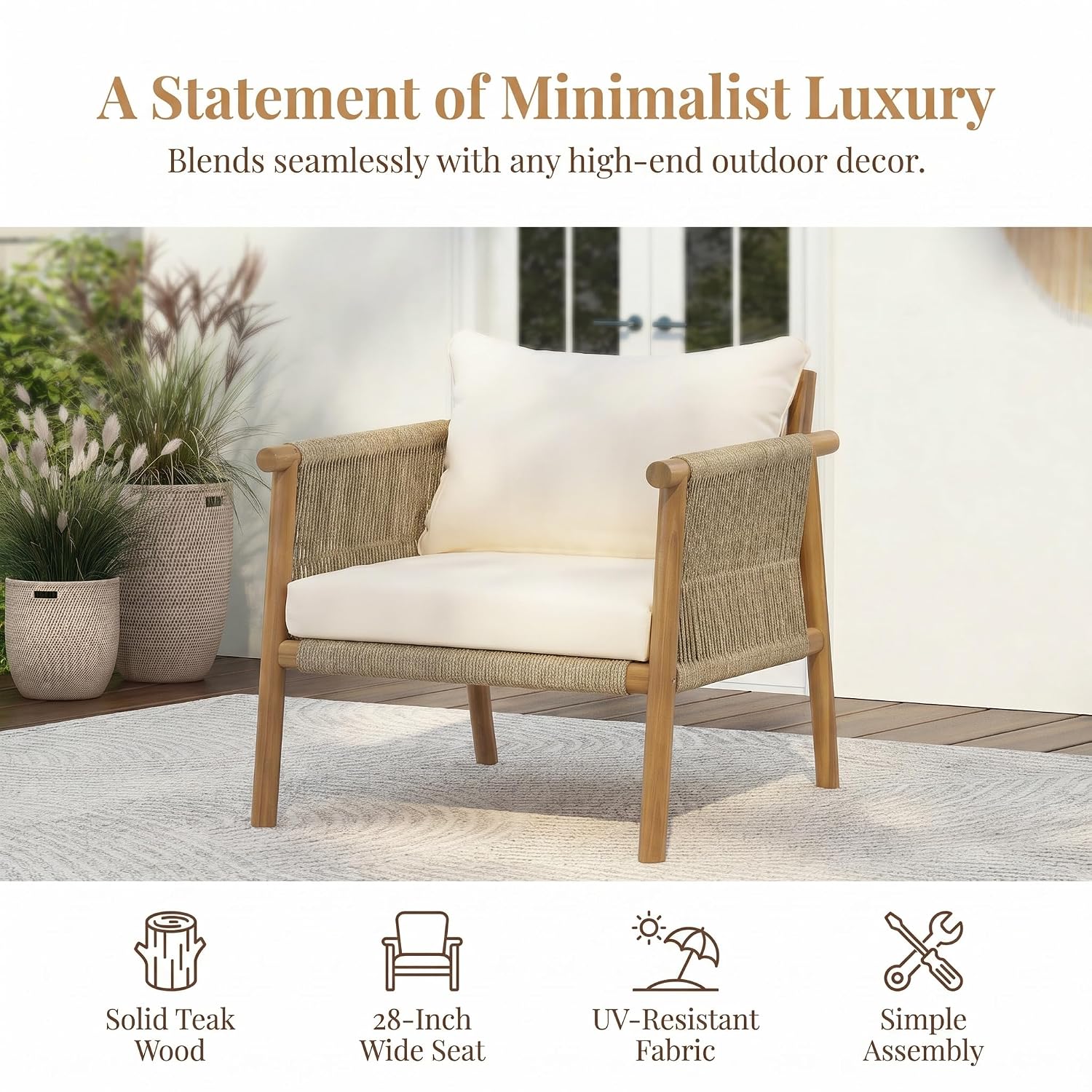 屋外用無垢材アームチェア、ロープ編み背もたれ、耐候性クッショ - Deck Chair Lounger のレビューと価格