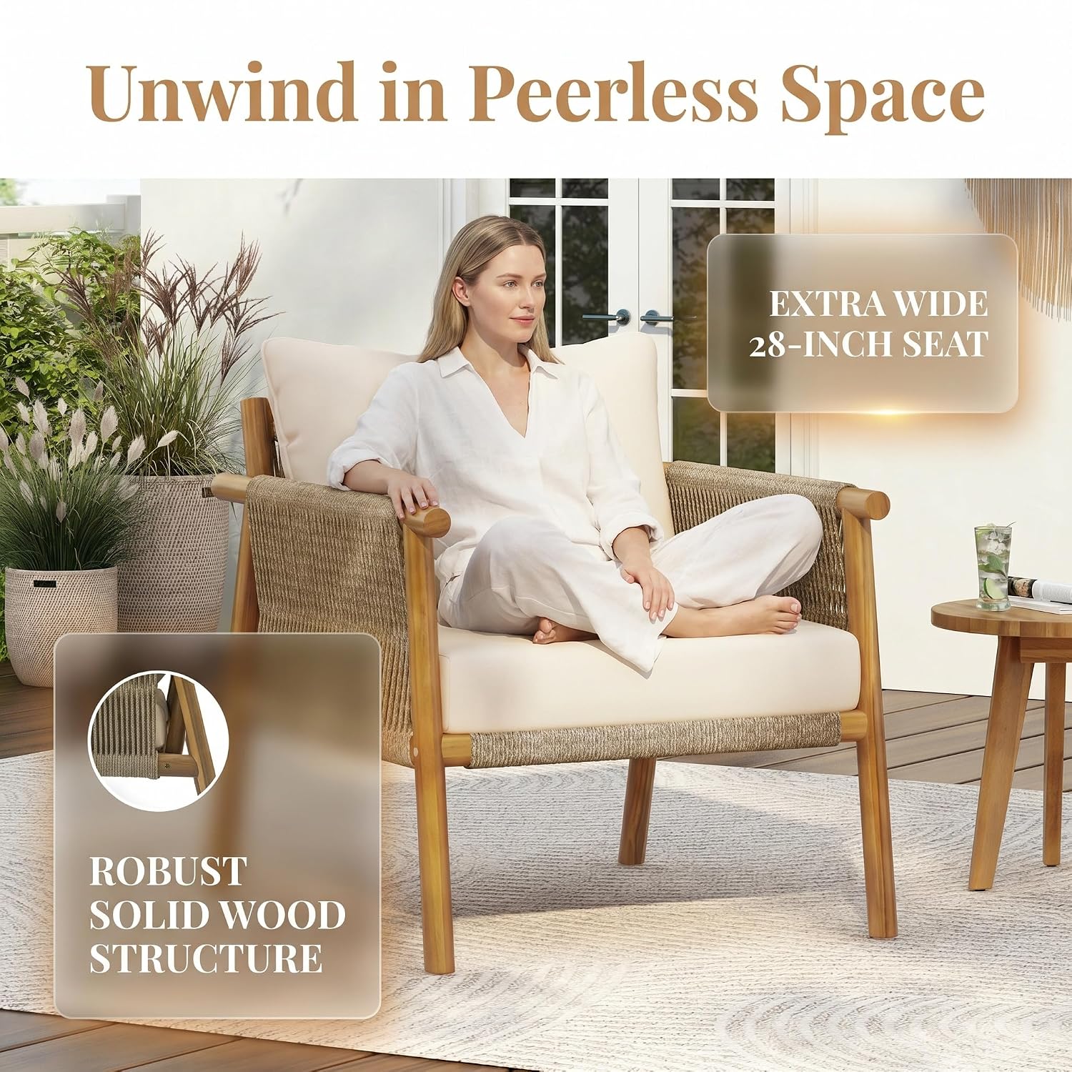屋外用無垢材アームチェア、ロープ編み背もたれ、耐候性クッショ - Deck Chair Lounger のレビューと価格